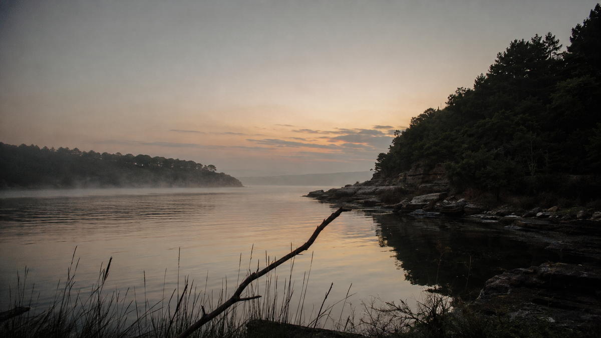 A serene lakeside landscape at sunrise or sunset, with calm water, mist on the left, dark tree-covered shoreline on the right, and a pale sky reflecting softly on the water.